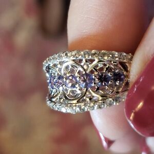 Tanzanite and Topaz Rhodium Plated Silver Cluster Ring